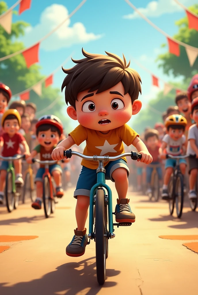 Draw a 3d boy, wearing fluorescent green shirt and wearing black cap, pedaling 