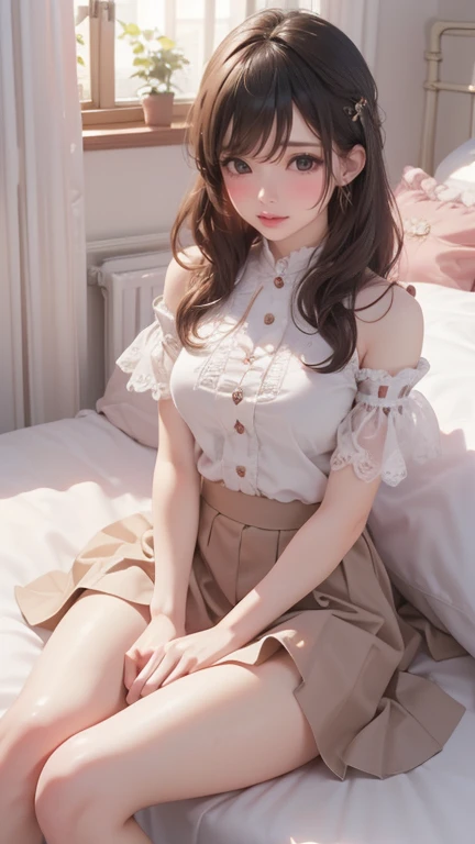 ，Ultra high quality，masterpiece、Delicate eyes，(masterpiece, Top quality, best quality, 16K、8K、32K、Extremely detailed CG unified 8k wallpaper, Very beautiful 8KCG wallpaper, ，exist ，best quality ，Ultra Detailed ，1 Girl,Solitary,Hertasr,skirt,Doll girl, sit, exist室内, bedroom, bedroom interior, White