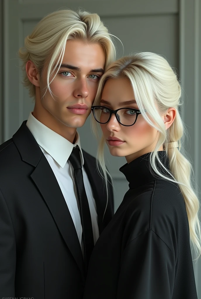 create a blonde boy (platinumn) hair lenght to neck, with pale skin, slightly blushed and with a soft brown yellow-looking eyes along with a girl, skunk hair to the chest lenght, dark eyes and round black glasses holding hands