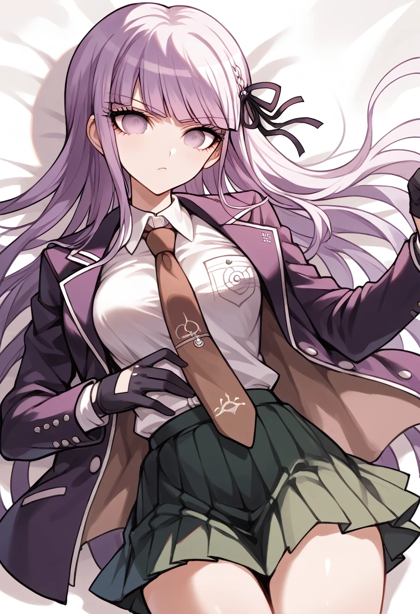 masterpiece,High resolution,Highest quality,8k
(Danganronpa,Kyouko Kirigiri,Purple Hair,Long Hair,Side braiding,Purple eyes,slender)(Black Ribbon,Black gloves,White collared shirt,Purple open jacket,Black pleated skirt,Brown tie,Printed necktie)Serious face,from the front