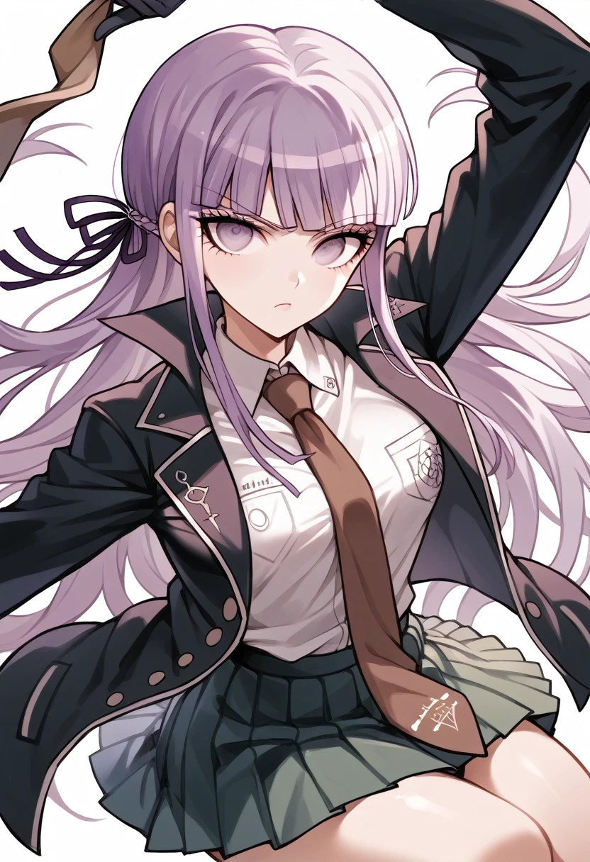 masterpiece,High resolution,Highest quality,8k
(Danganronpa,Kyouko Kirigiri,Purple Hair,Long Hair,Side braiding,Purple eyes,slender)(Black Ribbon,Black gloves,White collared shirt,Purple open jacket,Black pleated skirt,Brown tie,Printed necktie)Serious face,from the front