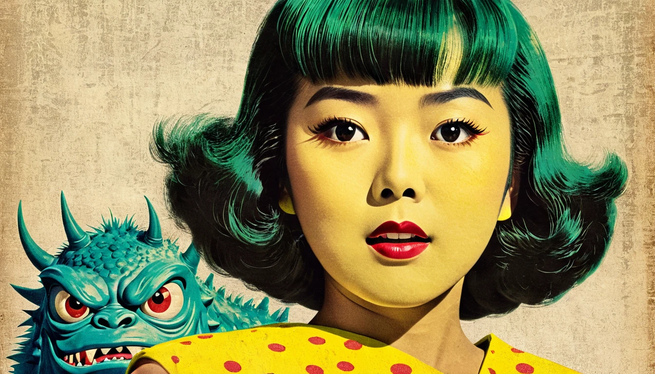 a vintage monster movie poster with a japanese girl from the 1950s, - full color print, faded, halftone pattern. old film texture