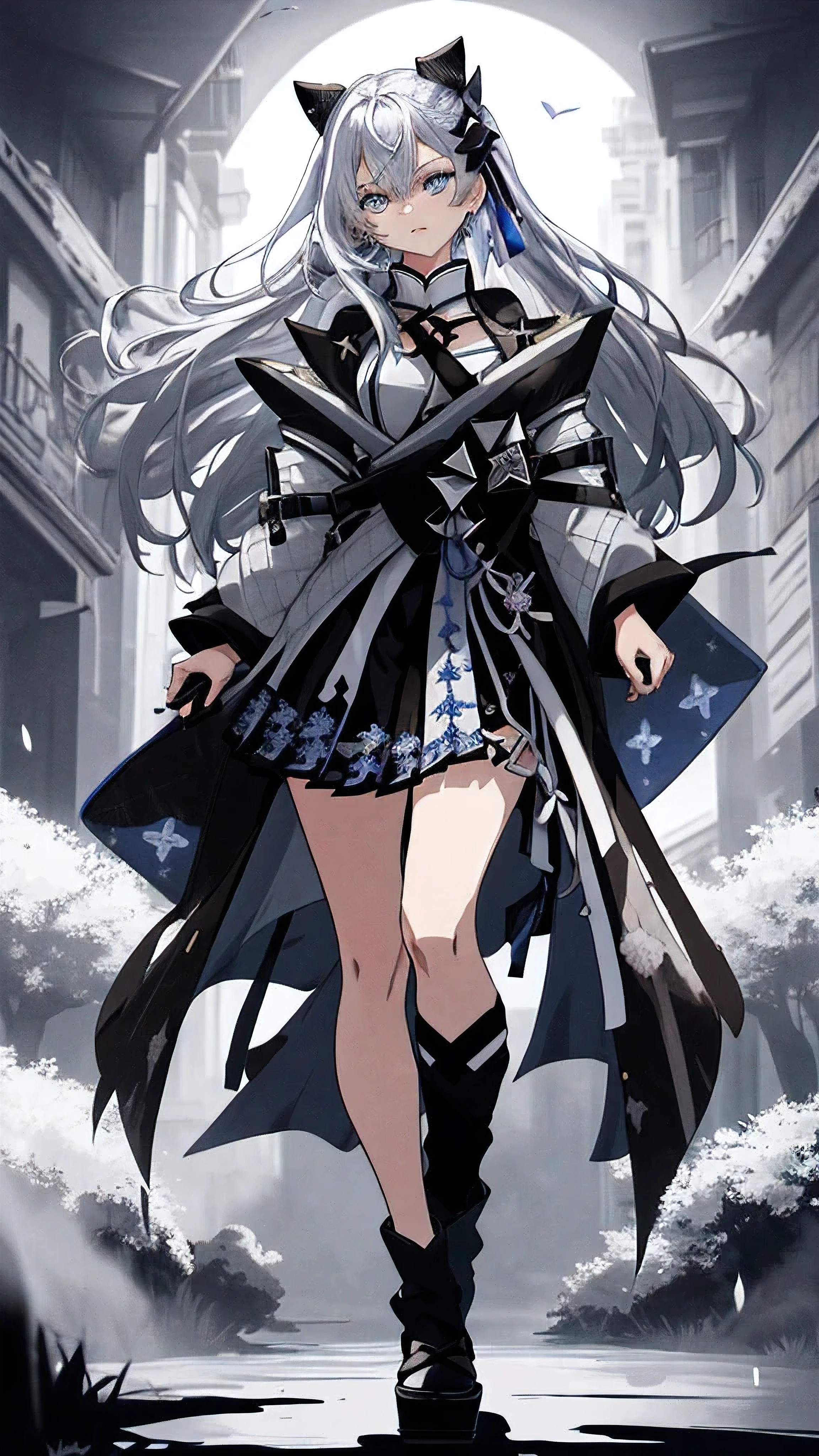 Japanese Katana Sword、Samurai sword、Full body、White one-piece military uniform、 Jet black head of hair,(masutepiece:1.2, Best Quality), (finely detailed beautiful eye: 1.2), (Detailed background,Dark Fantasy), (beautifull detailed face), High contrast, (Best Illumination, extremely delicate and beautiful), ((Cinematic Light)), Colorful, Hyper Detail, Dramatic light, Intricate details,Very blue eyes, Shining eyes, long hair flowing with the wind、large full breasts、Belt under the chest、White military uniform, White skirt, large full breasts, Long hair fluttering in the wind,, Her eyes are a bright blue, Black tie, Belt under the chest, gotik、Long hair with blue inner、White long-sleeved military uniform、Suit and sword