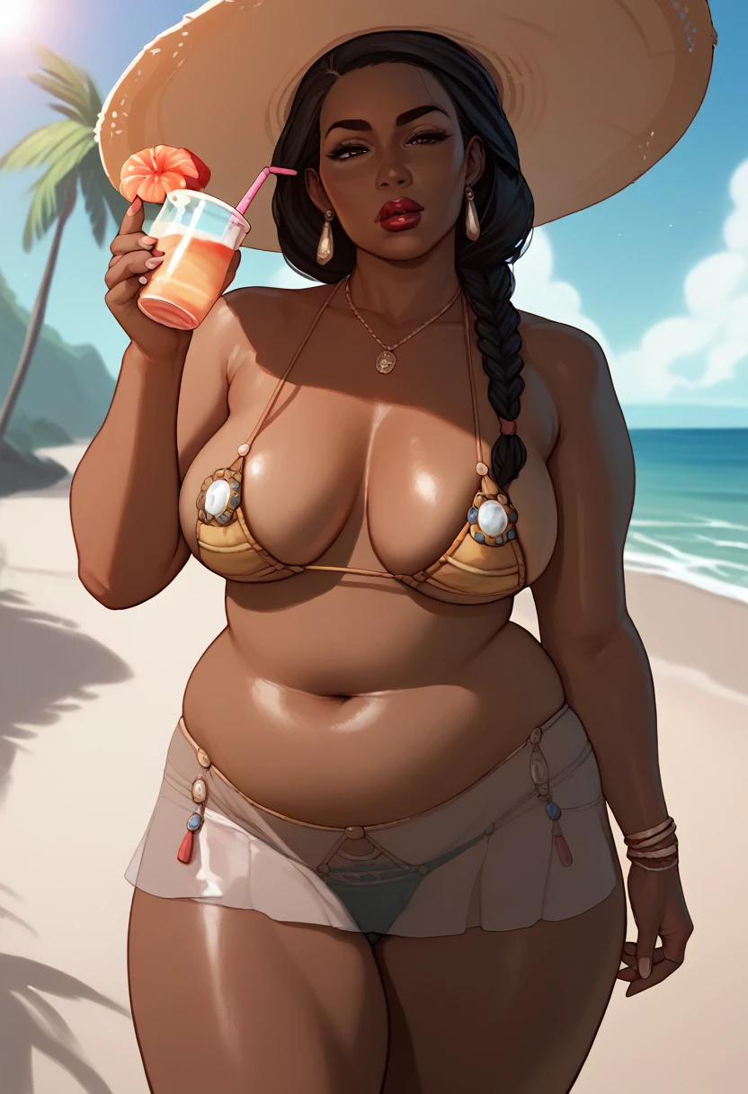 Best Quality, anime, solo, mature female, age 40, milf, mother, chubby, BBW, curvy, black hair, braided hair, curvy,  prominent lips, red lipstick, thick, brown skin, black skin, beach, relaxed, posing, mature, SFW, translucent skirt cover, beach cover, drink in hand, bikini, beach wear, modest, enjoying the sun, poised, modest, beach hat, mature, demure, beach cover-up, looking at viewer, posing, translucent long beach skirt, beach cardigan, African woman, African American woman