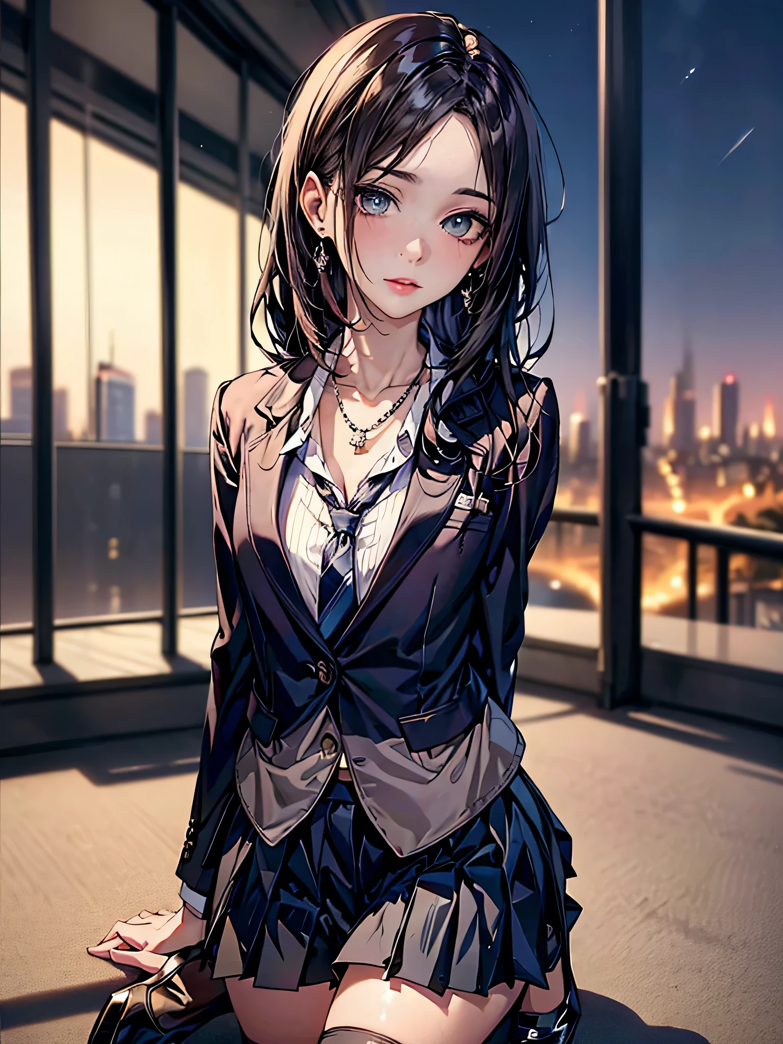 (8k, top quality, masterpiece: 1.2), (realistic, photorealistic: 1.37), super detailed, girl single, cute, solo, midnight, beautiful detailed sky, detailed café, sitting, date, (blush), (smile: 1.15), small (mouth closed), beautiful fine eyes, floating hair NovaFrogStyle, back open dress