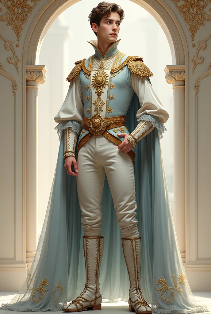 a hyper-realistic image of Ashtar Sheran, based on the concept that he is depicted with blond hair, blue eyes, hair reaching the neck, and wearing a light blue uniform. The image should be rendered in high-definition quality, resembling a magazine cover photograph. Ensure that the image is meticulously detailed, capturing fine nuances, and that it is expertly framed and centered within the composition."