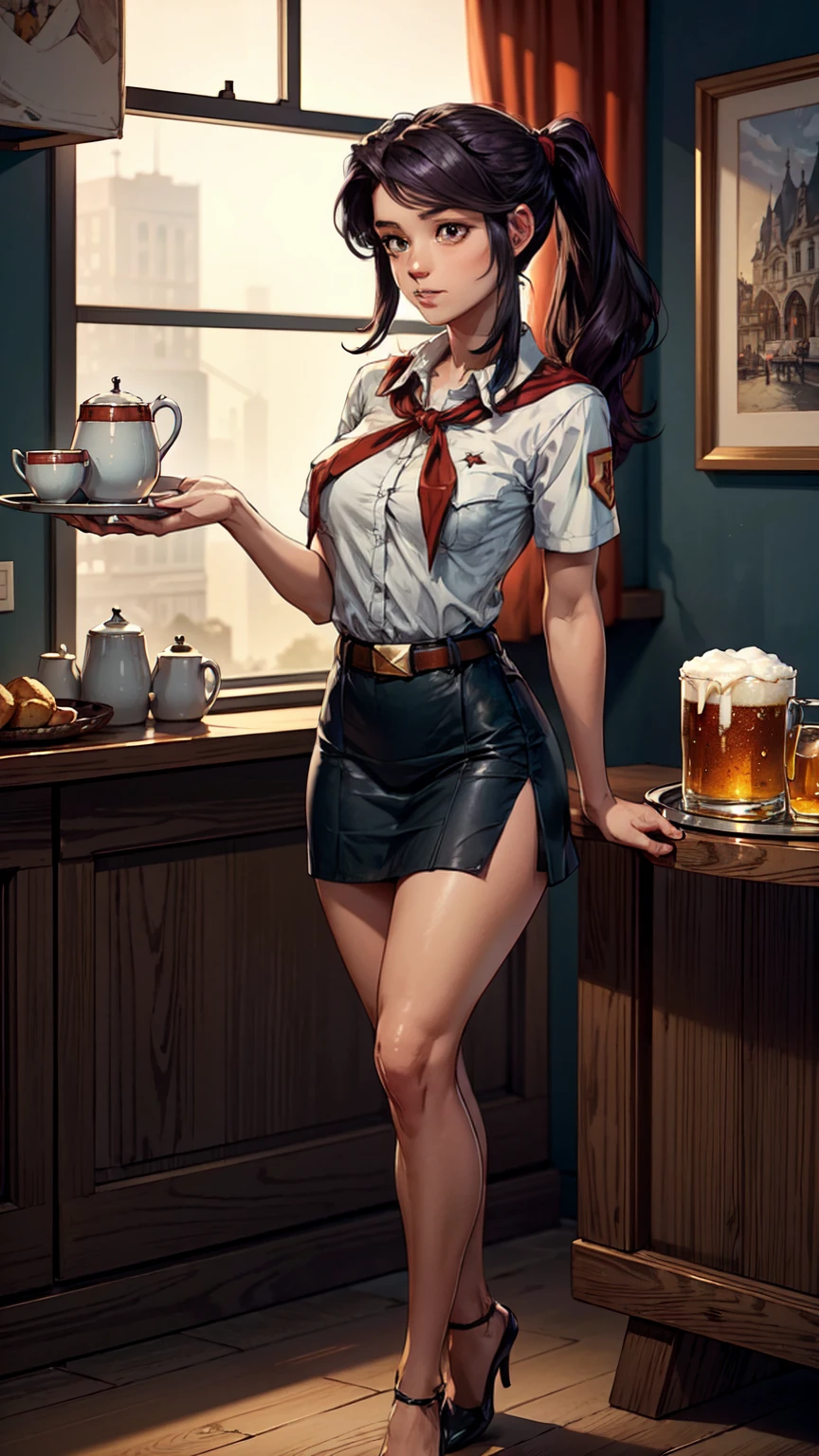 8 K, high image detail, (plump smiling lips:1.1), Look at yourself, perfect flat chest, mouth wide open, thin and graceful hands, neat palms, perfect hands, holding a tray with beer mugs, Neat legs, pioneer neckerchief, bang, shirt, clavicle, very tight white shirt, Short sleeves, collared shirt, eyelashes, red neckerchief, chest pocket, lean girl, Long legs, tight micro skirt, blue skirt, belt, very long light dark purple hair, large glowing dark red eyes, full body shot, DefJill, ponytail