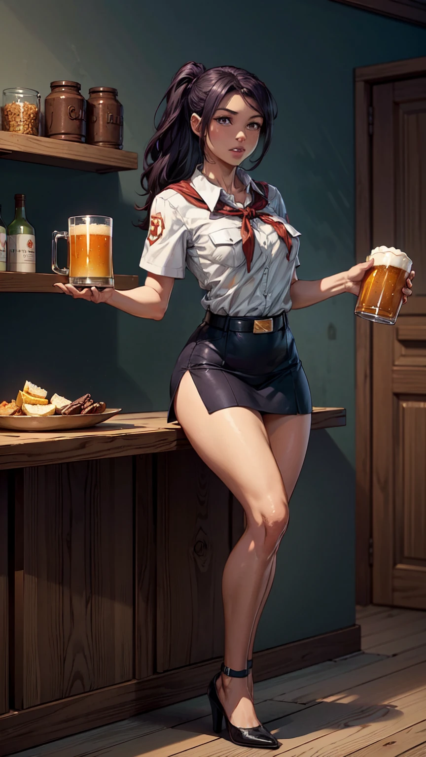 8 K, high image detail, (plump smiling lips:1.1), Look at yourself, perfect flat chest, mouth wide open, thin and graceful hands, neat palms, perfect hands, holding a tray with beer mugs, Neat legs, pioneer neckerchief, bang, shirt, clavicle, very tight white shirt, Short sleeves, collared shirt, eyelashes, red neckerchief, chest pocket, lean girl, Long legs, tight micro skirt, blue skirt, belt, very long light dark purple hair, large glowing dark red eyes, full body shot, DefJill, ponytail