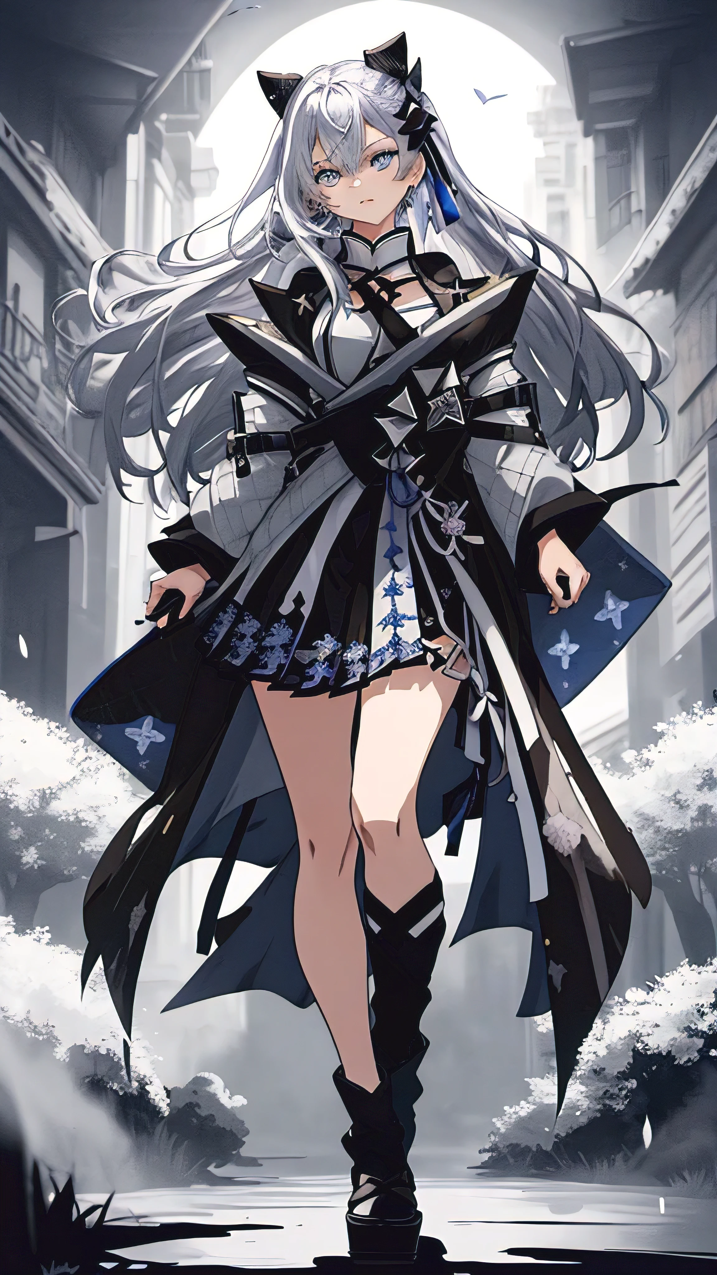Japanese Katana Sword、Samurai sword、Full body、White one-piece military uniform、 Jet black head of hair,(masutepiece:1.2, Best Quality), (finely detailed beautiful eye: 1.2), (Detailed background,Dark Fantasy), (beautifull detailed face), High contrast, (Best Illumination, extremely delicate and beautiful), ((Cinematic Light)), Colorful, Hyper Detail, Dramatic light, Intricate details,Very blue eyes, Shining eyes, long hair flowing with the wind、large full breasts、Belt under the chest、White military uniform, White skirt, large full breasts, Long hair fluttering in the wind,, Her eyes are a bright blue, Black tie, Belt under the chest, gotik、Long hair with blue inner、White long-sleeved military uniform、Suit and sword