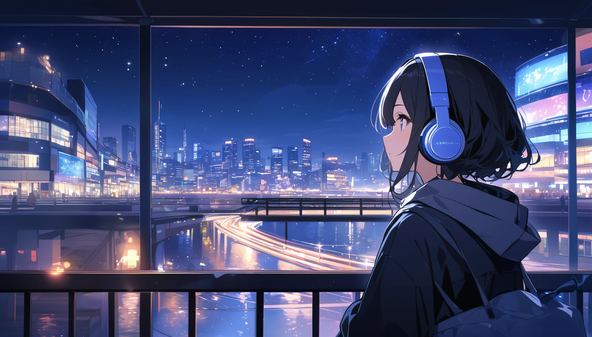 masterpiece, highest quality, 16k UHD, night,Girl listening to music in a cozy room,back view,
Using headphones, 2D anime style, lo-fi, 静かなnight景, 1 girl, alone, Octane shades of a starless sky,
null, A landscape full of tranquility, starry null, 魅惑的なnightの静けさ,
Silhouettes of medieval buildings in the distance, Cloud made easy, You can see the Milky Way,
length, Short wavy hair bob, Rear view, A cityscape faintly illuminated by distant lights