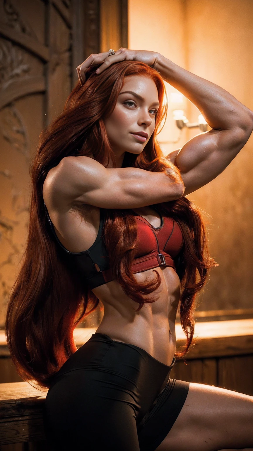 Stunning, (flexing bicep pose:1.5), (long flowing red hair:1.5), greeneyes, seductively smiling, flirtatious, abs, Real Life, full bodyshot, (Ultra Realistic:1.4), Photorealism, Photography, 8K UHD, Photo, HDR, Complex, Highly Detailed, Sharp Focus, Stunning, Beautiful, (Gorgeous: 1.2), Best Quality 1:1, Ultra Detail: 1.4, Best Shadows, (8k: 1.1), (beautiful detailed face), high contrast, (perfect lighting: 1.2), ((cinematic light)), colorful, hyper-detail, dramatic light, intricate detail, photograph by arny freytag, glamorous, (realistic, photo-realistic:1.37),(8k, RAW photo, best quality, masterpiece:1.2), side view 