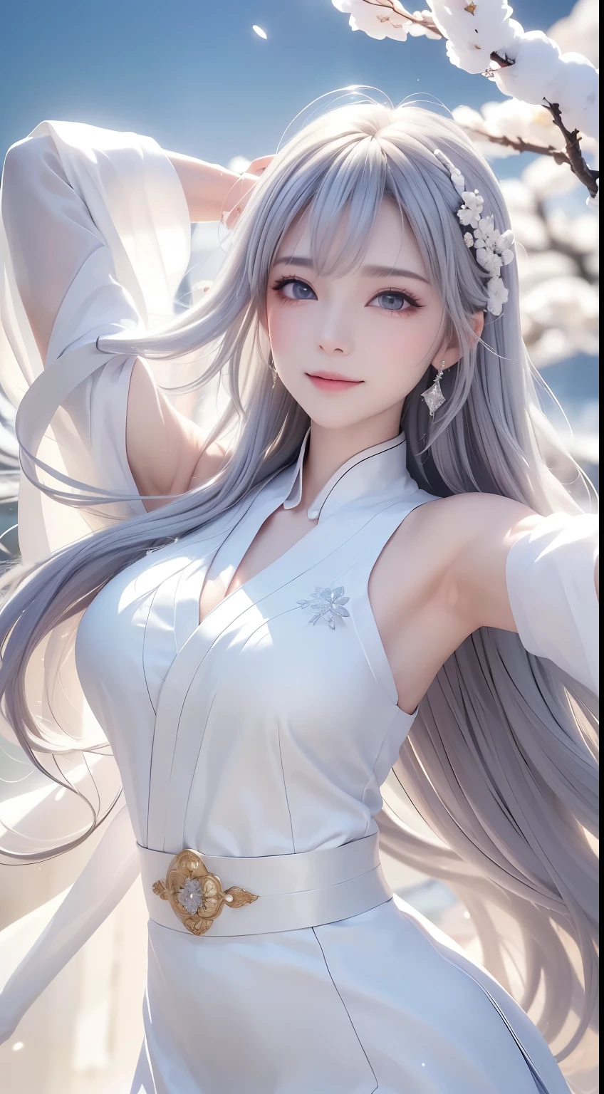 ((Picture from the waist up))((masterpiece:1.5、8k、Portrait、Photorealistic and very detailed CG、Very detailed、Particle Effects、Dynamic Effects、Written boundary depth、Cinematic Light、Lens flare、Ray Tracing、Tabletop、Realistic:1.4、超A high resolution:1.2、Realistic、Realistic))((alone、,A woman wearing a long shawl over a satin dress:1.4、Dynamic female pose:、Side  are visible、Detailed face、Bright expression、young, Brighter, Whiter skin、Ample breasts、Best Looks、Ultimate beauty、Shiny silver hair with highlights、Bright and shiny hair,、Super long, Silky straight hair、Hair swaying in the wind))(Surrounded by fantastic transparent flowers、White background、Fantastic background、Thin petals fluttering around)
