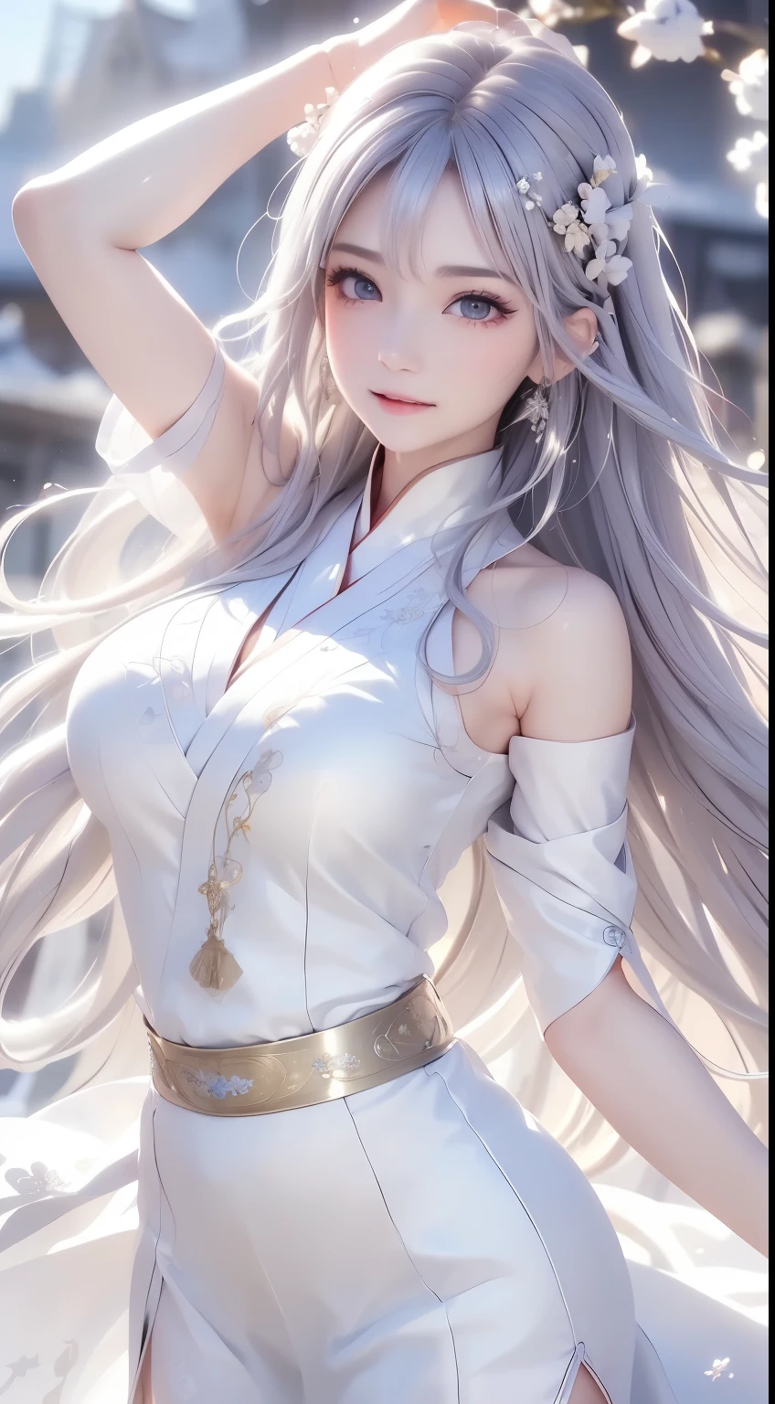 Anime girl wearing white dress,Long white hair and black belt, Ross Tran 8 K, Ross Tran style, wlop and krenz cushart, wlop and ross thran, ross tran and wlop, Rosla global lighting, Artgerm and Atey Ghailan, author:ross tran, art by Wlop and Greg Rutkowski