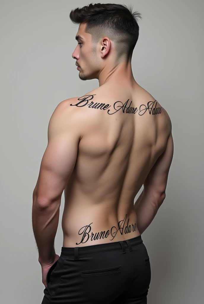 A nude guy with tattooed ass: the word "WOTA" is on his Butcheeks