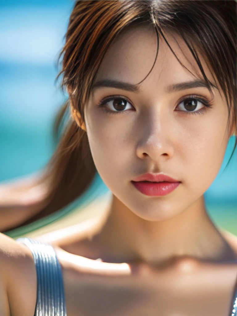 bloom, lens flare, (8k, RAW, professional, best quality, masterpiece:1.2), (realistic,photorealistic:1.37), ultra-detailed, (25mm portrait wide angle), (highest detailed skin:1.2), (highest detailed face:1.2), cinematic lighting, 1girl, Chinese, (windy), standing on the beach, night time, warm white light, look at the camera, bikini, polite smile