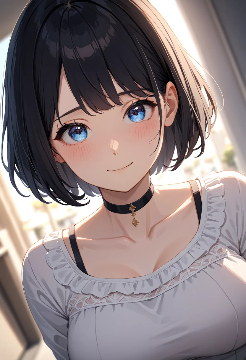 highest quality, Ultra-high resolution, (Realistic: 1.4), beautiful Eyes, Super beautiful, Very short hair, beautiful, lover, Rough chest T-shirt, beautiful Soldier, Eyes that beckon the viewer, loverの視点, Attractive expression, Sexy smile, Perfect Style, Perfect balance, Detailed skin, Mischievous Gaze, I can see your chest