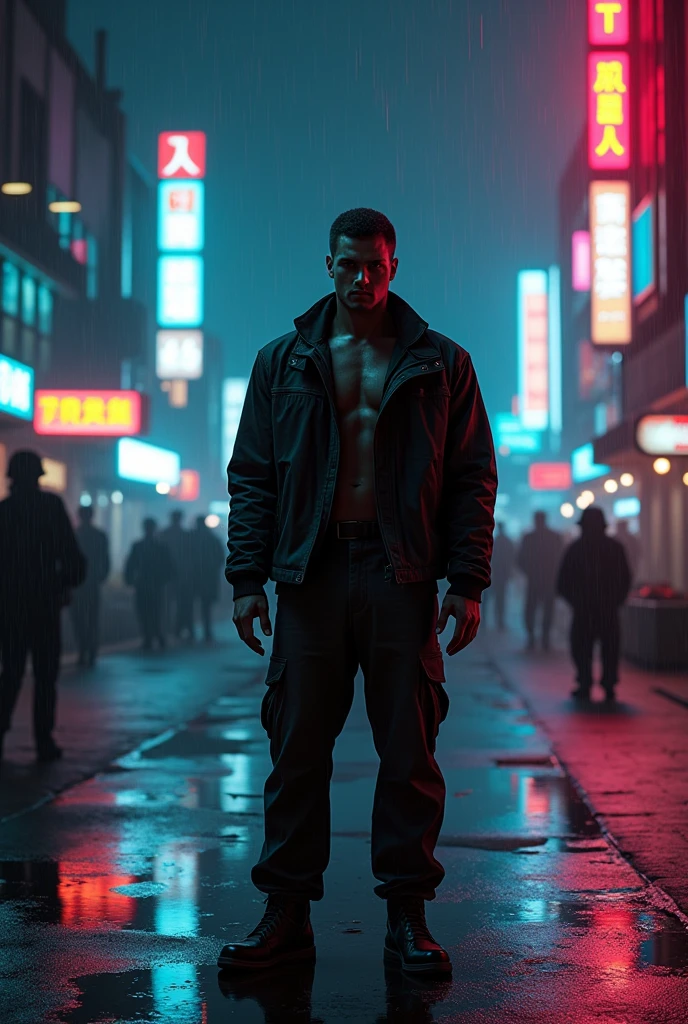 anime:1.5, (masterpiece, Best Quality, High resolution, Fondo de pantalla de unidad de 32K, Extremely detailed CG:1), (weak illustration on stage:1.0), ((1 young and handsome cyberpunk:1.5 dancing in the rain:1.7 )),(( cyberpunk night city:1.4)), neon signs futuristic cars,dark place rain, ((wet clothes magenta neon lights perfectly illuminating the young man:1.45) . 32K