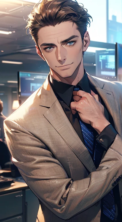 (best quality,4k,8k,highres,masterpiece:1.2),ultra-detailed,(realistic,photorealistic,photo-realistic:1.37),1 man,3,mature man,very handsome,without expression,smile,short grey brown hair,blue eyes,penetrating gaze,perfect face without errors,imposing posture,businessman,office background,cinematic lighting,hdr image