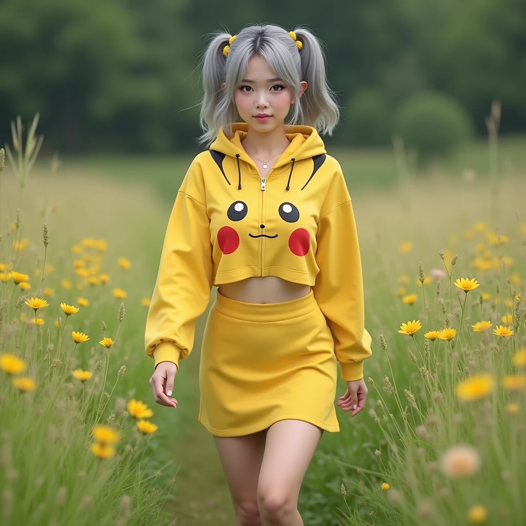 An 30-years-old indonesian woman, a bit chubby, Clear Focus: 1.2, double eyelids, natural big breasts, cleavage showed, (twintails ash grey hair), (tight yellow pikachu crop hoodie:unzipped), (yellow skirt), yellow canvas shoes, walking at the meadow, realistic photography, natural light, look at the viewer,