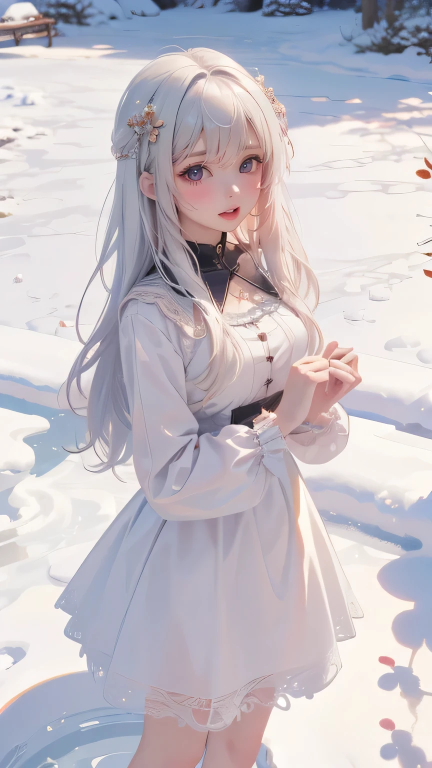 ,Ultra high quality,masterpiece、Delicate eyes,(masterpiece, Top quality, best quality, 16K、8K、32K、Extremely detailed CG unified 8k wallpaper, Very beautiful 8KCG wallpaper, ,Cartoon white-haired girl and a dog standing in the snow