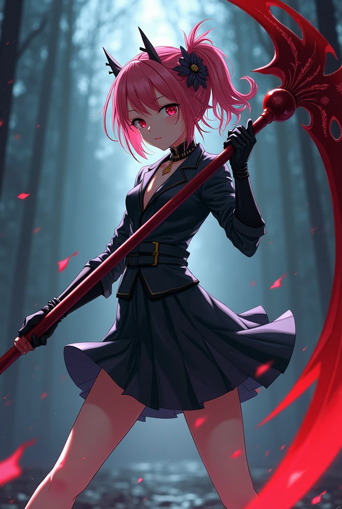 1girl、(masterpiece, highest quality),(Detailed Hair), Super detailed, Anime Style, whole body, High school girls、She wears a black sailor uniform and has milky white and red hair with short hair.、Red eyes、 Wearing long boots, Digital Painting, 8K High Resolution, whole body, White Background, Dynamic pose、Standing on the desolate land、Large Blade、Vampire Hunter、Dynamic composition、Reaper&#39;s Scythe、