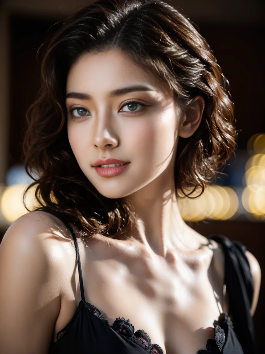 ((Top Quality)), ((Masterpiece)), ((Details)), ((Colorful)), ((Japanese: 0.4)), ((Sharp eyes: 1.2)),　((upper body: 1.2)), She looks delighted, ((the age of 25: 1.3)), ((a quite beautiful face: 1.3)), (Eyeshadow: 1.2), ((from the side: 0.7)), More Saturation, strong reflections, bright shade, Place the girl in the foreground at large, ((Surrealism: 1.1)), "An abandoned theater near a dark, foreboding mine. A young woman casts a spell, her presence intertwining the echoes of past performances with the depths of the earth."