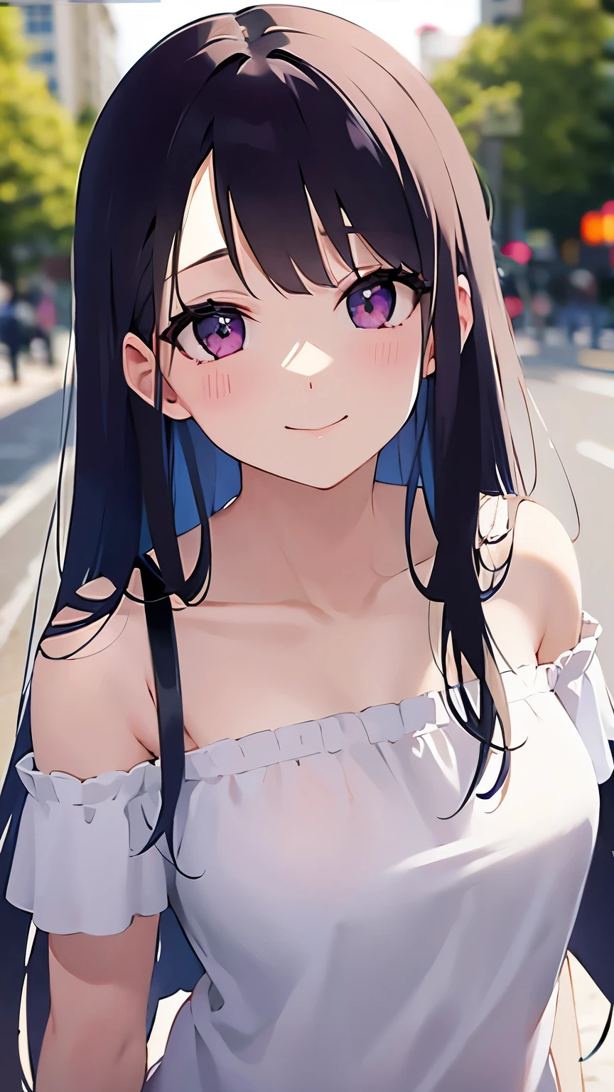 Leaning forward, Upper Body, Realistic, Real person, (青whiteい肌: 1.2), (RAW Photos:1.5), Realistic, Shiny skin, Shiny Hair、(A 25-year-old woman with straight hair and bangs) and (Medium Hair) and (Black Hair) and (Purple eyes), (white:1.5) and (Off-the-shoulder blouse:1.2), (Embarrassing, blush:1.2), smile, The background is a park、alone、
