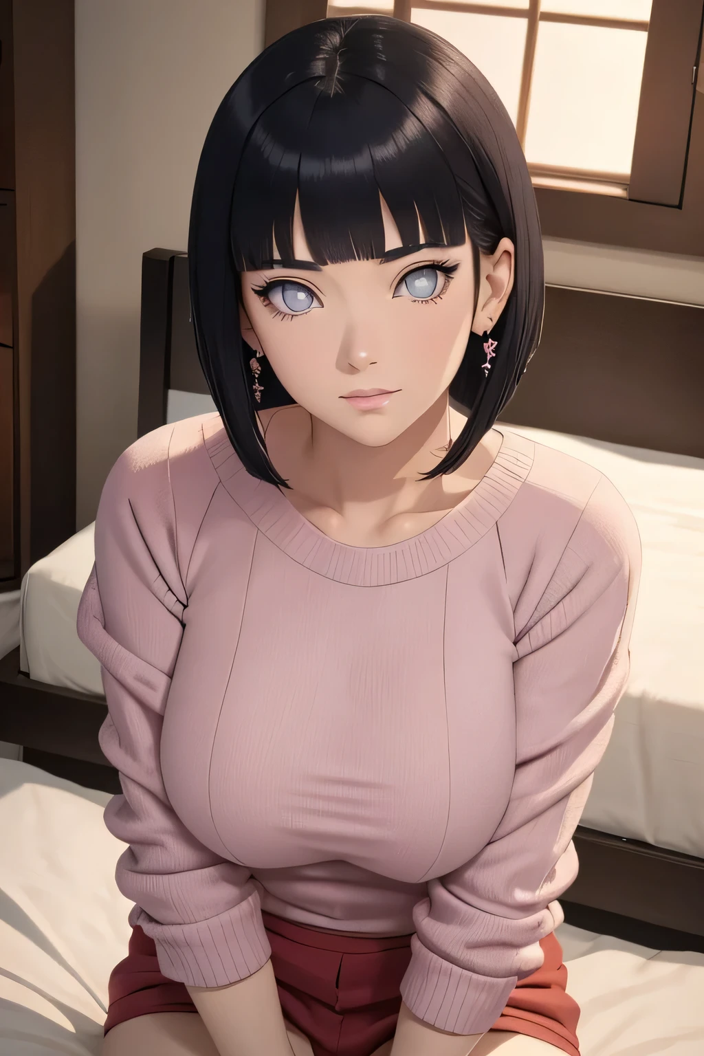 masterpiece] [realistic] Hyper realistic, anime [Hyuga Hinata] is very sexy red sweater Shoulder body, Big Breast poses [naughty 1.3] showing off boobs poses.face in great [detail] 8k, grey Bob hair cut, Beautiful face is very detailed and perfect, beautiful eyes, high nose, pink lips,Sexy body is very tempting,high resolution, best quality, natural beauty, ribbon hair, The photo texture is hard and very sharp ,Small and elegant earrings , looking at viewer from above 