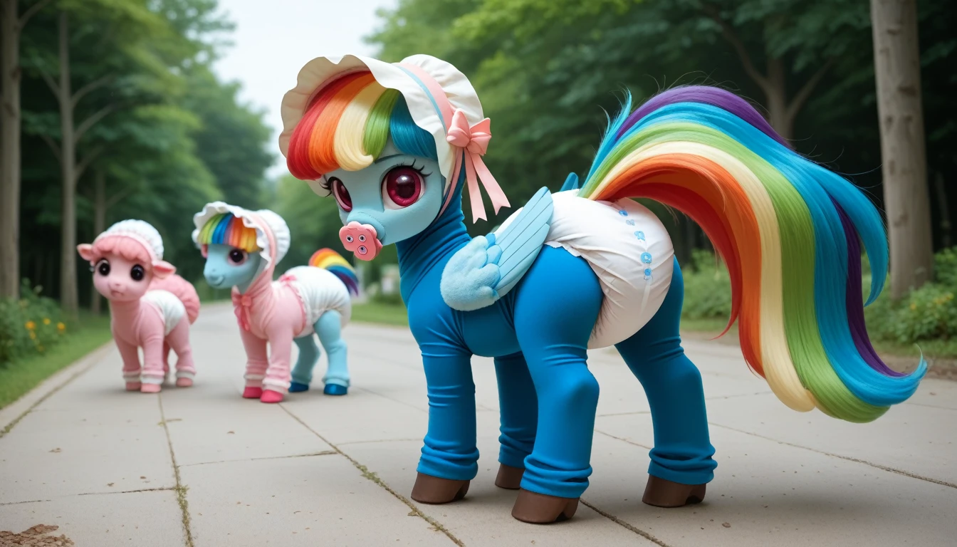 pony, Pegasus, adult filly, emerald green fur, a lush mane, gathered in a light pink bonnet, fluffy tail with a pink bow, stands on four hooves, rear hooves spread wide apart, dressed in a pink onesie and pink booties, pink pacifier in mouth, solo, thick light pink diaper under clothes, bulge on the back of the diaper, between the hind hooves and on the front of the diaper, saggy diaper.
