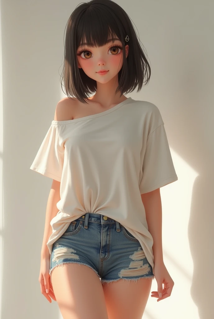 an 18 year old girl. looks tired and has eyebags. she's wearing a big white shirt and blue short pants.