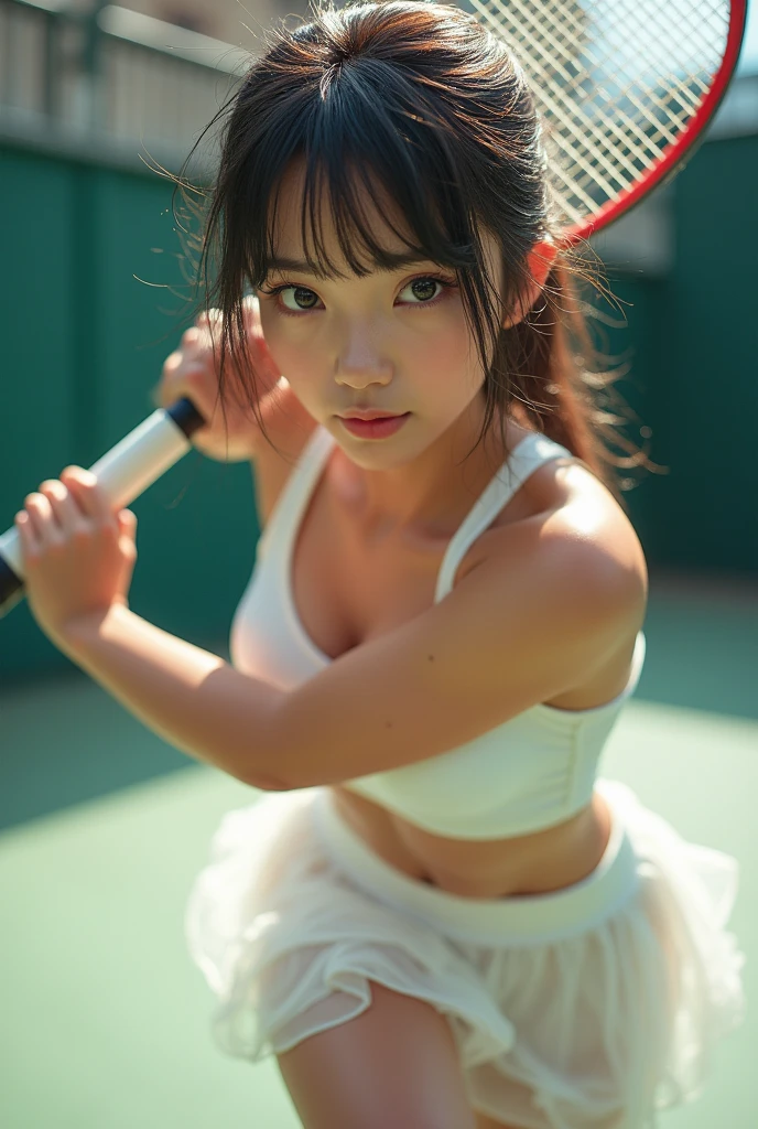 (((Draw only one woman: 2))), (Tennis court: 1.3), (Beautiful and stylish 25-year-old Japanese woman), (Beautiful woman like a Japanese actress), (Sweat-soaked tank top Tennis wear: 1.8), ((1 screen)), 8K, RAW shot, top quality photo, masterpiece, nice and realistic photo, (anatomically correct proportions), (perfect proportions), (small face) , detailed face, detailed eyes, narrow nose, ((detailed fingers)), ((perfect fingers)), detailed arms, detailed skin, detailed legs, narrow waist, (short torso: 1.2) , big breasts, (accurate fingers: 1.2), ((sweat skin: 1.3)), ((wet hair: 1.3)), ((wet bangs: 1.3)), (cute skort), (tennis :1.4)