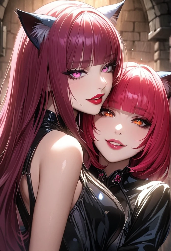 cinematic lighting、highly detailed skin,1 girl, highest quality,(bright、Atmosphere of a friendly girls' night out:1.3),(2 pretty women、Detailed beautiful facial features、blue eyes:1.2)(One person has shoulder-length black hair.、Different division、embarrassed expression)Glasses、break.(One person has medium red bob hair.、smile:1.3)BREAK.Chinese-style knit made of winter material with a large size and loose neckline..、I can see a little cleavage、Suit-like black wide pants、necklace(Wooden table)(sit on a chair、ビール🍺が2つある:1.3)midnight、Drink at a stylish bar、They both turn towards me、(Photographed at portrait distance:1.4)