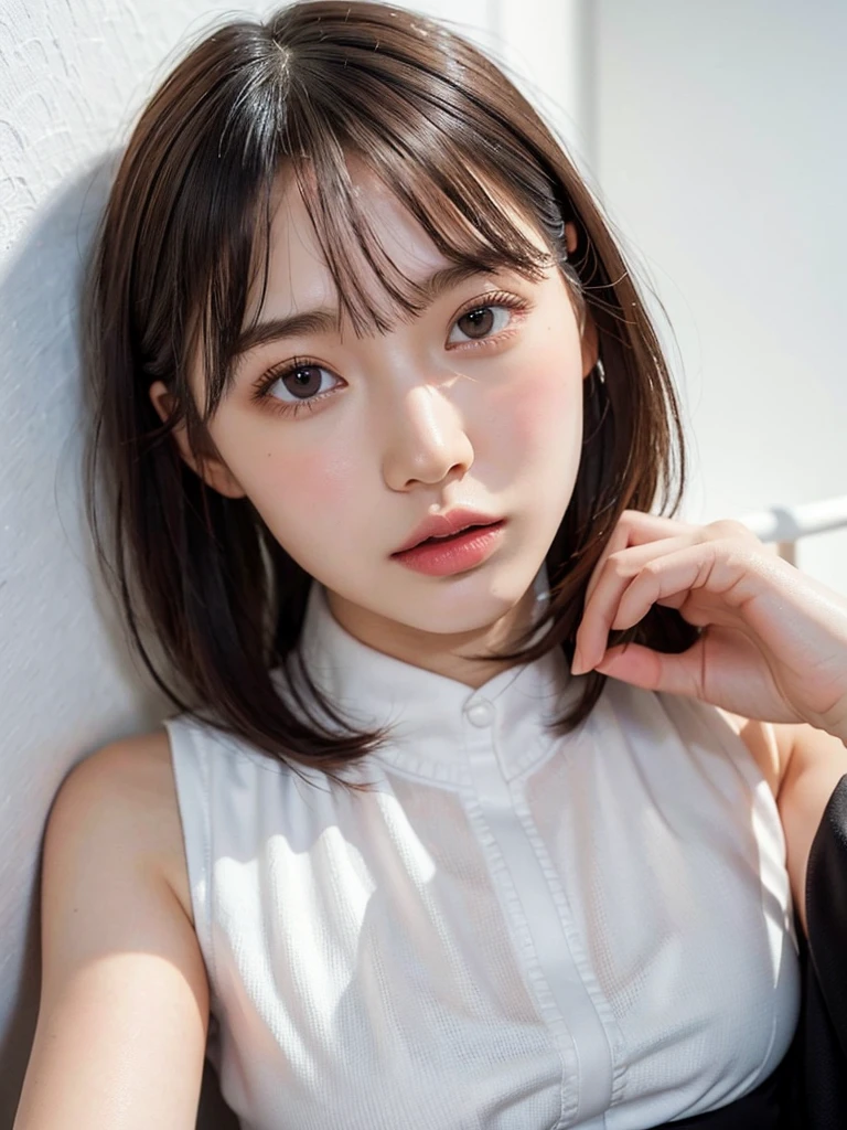 highest quality, table top, 超A high resolution, (realistic:1.4), Raw photo, realistic, 
,((Lie)),full body shot,(detailed face),　(19 year old beautiful japanese girl)、(natural makeup),1 female,brown hair,short hair,asymmetrical hair,asymmetrical bangs, thin,cinematic lighting,luxury hotel room、see-through nightgown、