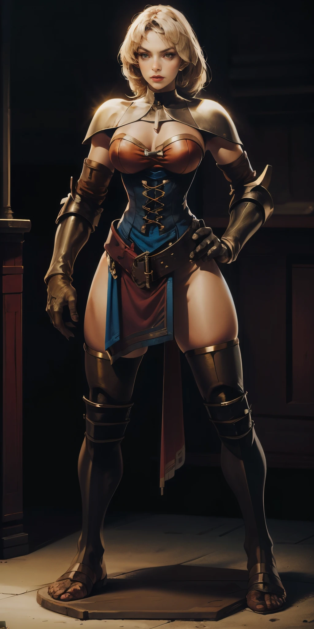 full body, whole body, 1sologirl, female fighter, loincloth standing, hands on hips, metal sandals, leather choker and corset, big belt, view from below, feet together, bracers, tiara)