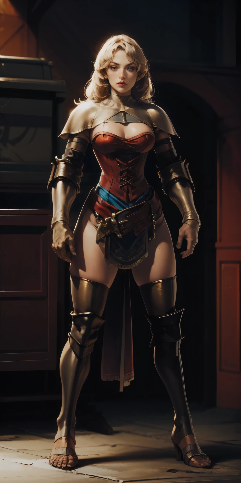 full body, whole body, 1sologirl, female fighter, loincloth standing, hands on hips, metal sandals, leather choker and corset, big belt, view from below, feet together, bracers, tiara)