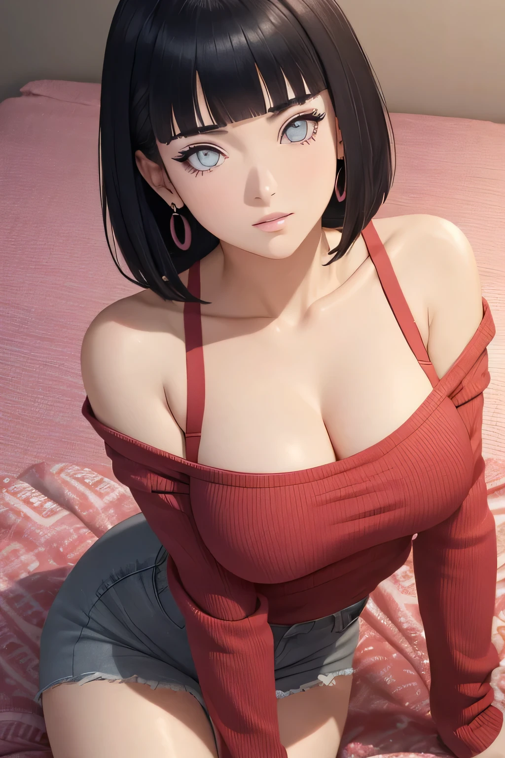 masterpiece] [realistic] Hyper realistic, anime [Hyuga Hinata] is very sexy red sweater Shoulder body, Big Breast poses [naughty 1.3] showing off boobs poses.face in great [detail] 8k, grey Bob hair cut, Beautiful face is very detailed and perfect, beautiful eyes, high nose, pink lips,Sexy body is very tempting,high resolution, best quality, natural beauty, ribbon hair, The photo texture is hard and very sharp ,Small and elegant earrings , looking at viewer from above 