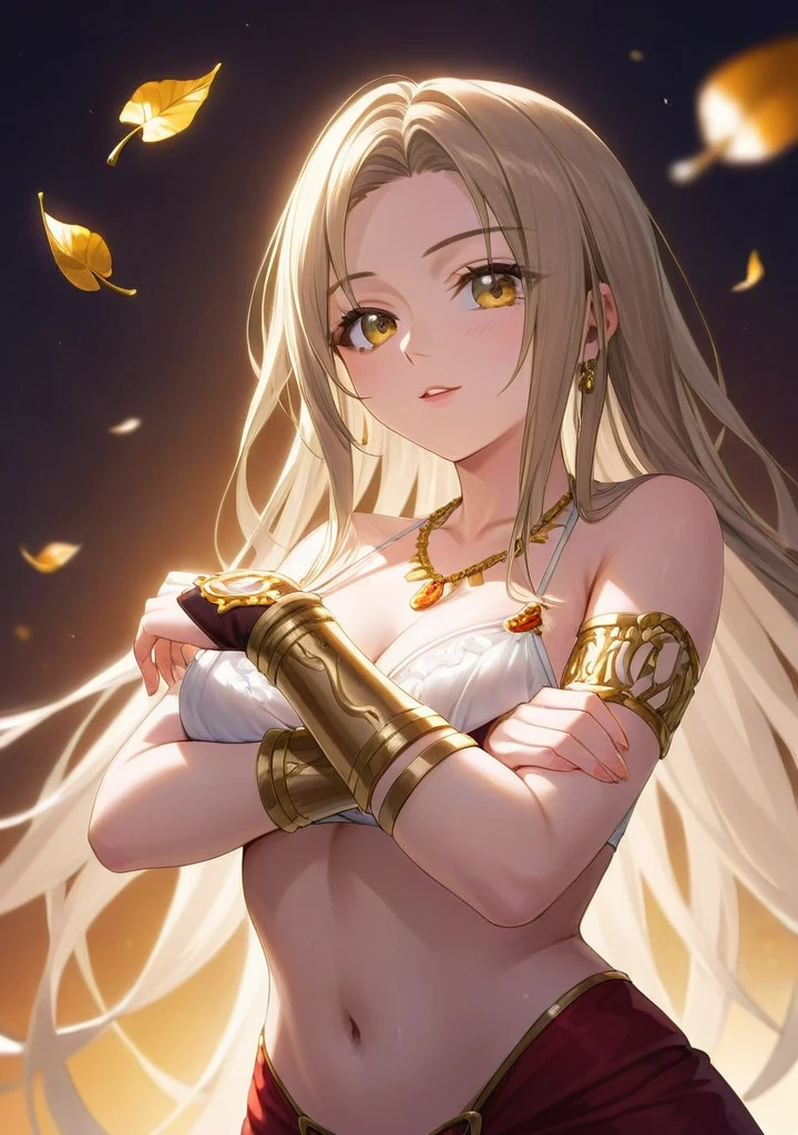 (close up) (adult woman:1.4) (nude:1.1) (topless:1.3) (elaborate beautiful dress:1.1) (dress falling off:1.3) (from above) (squatting:1.2) (golden halo) black choker, night, dark cozy bedroom, mood lighting, Absurd, Perfect Anatomy, performance, Good lighting, Shadows in the movies, large breasts, large butt, thin waist, Long HAIR, light brown HAIR, (loving look:1.4), original HAIR style, Dynamic Angle, (detailed face:1.3) (dynamic lighting:1.5) (gold leaf bracer on arms) (elaborate gold necklace) (gold leaf face piece) in beautiful night garden