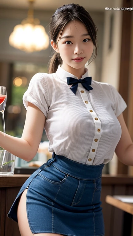 (8k, RAW photo, best quality, masterpiece:1.2), (realistic, photo-realistic:1.37), ultra-detailed,
1 girl,cute, solo,beautiful detailed sky,detailed cafe,night,sitting,dating,(nose blush),(smile:1.1),(closed mouth),large breasts, seductive smile, large aparture, professional lighting, Sony A7R4, Zessie 50mm F1.8,
medium breasts,beautiful detailed eyes,(collared shirt:1.1), bowtie,pleated skirt,(short hair:1.2),floating hair 