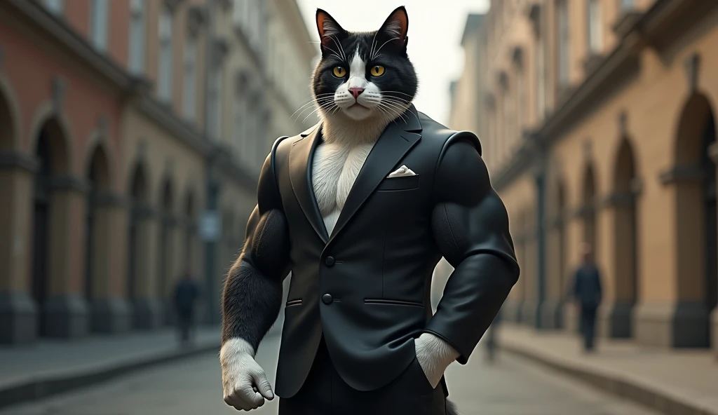 ((best quality)), (ultradetailed), ((masterpiece)), illustration, Scene structure: Animals anthropomorphize rats as gangsters, gray rat faces and human bodies. With a fierce expression, he was muscular and wearing a white suit. Behind you are tall buildings and neon flashes. Tip composition: rat gangster, animal anthropomorphism, tattooed body, muscular, cityscape, tall buildings, neon signs