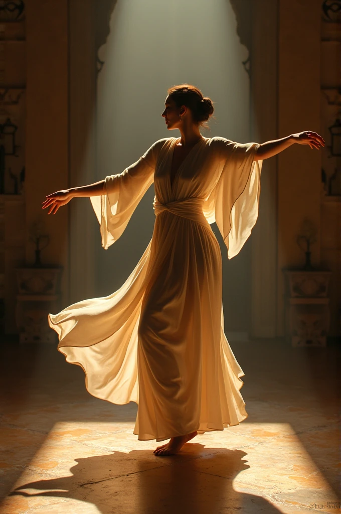 stunning photography of a handsome hunk  arab men, with a long veil with intricate details,((loincloth)),((he is spinning)),extended arms, in a beautiful  rounded stained glass floor,((massive  white birds flying around him)),a oniric blue sky,dreamy atmosphere,dynamic shadows,warm contrast,cinematic,masterpiece,trending on pinterest