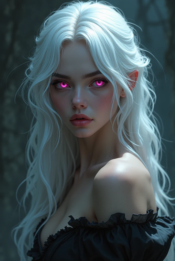 Create a cover for a book, that shows a dark room, and a young woman with Asian features, beautiful and mesmerizing look, White hair, White skin, bright light blue eyes, In the environment surrounding the girl there are many black shadows with glowing red eyes trying to catch the girl