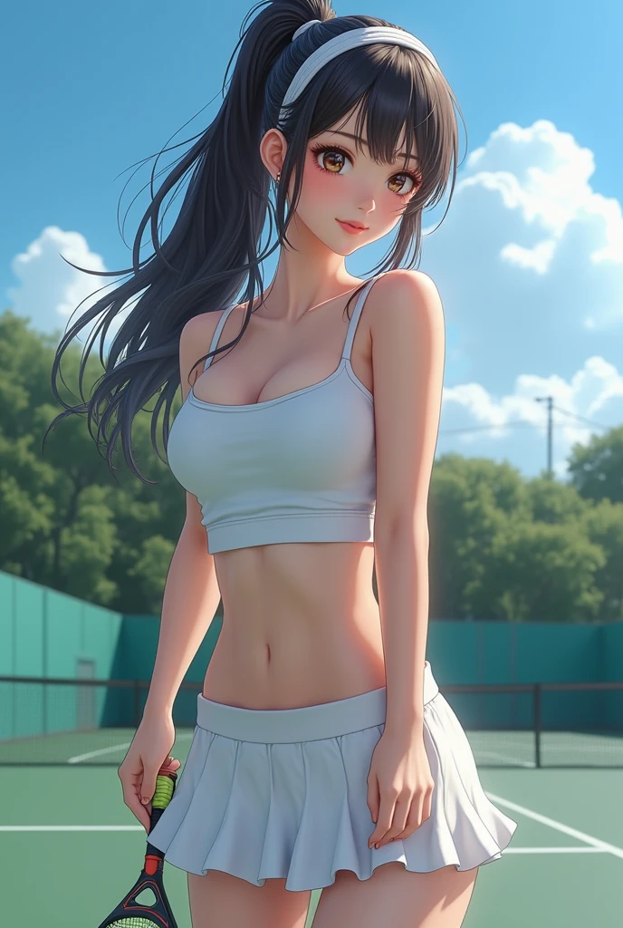 (high resolution, upper body, soft skin:1.2),(best illustration,masterpiece:1.2),ultra-detailed,[(cat ears , black inside:1.2, black hair, cat eyes),vivid colors,sharp focus,portrait,studio lighting,bokeh, wearing a tennis uniform, tennis courts background, dusk, Nyan Nyan,