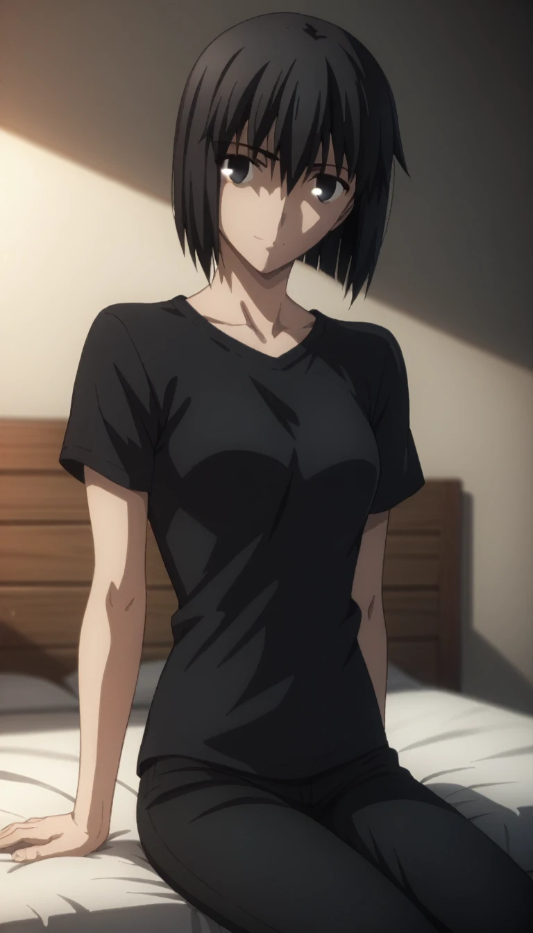 sauce_anime, ambient light,
fsn_ubw_style, 1girl ,tall girl, straight hair ,bob cut hair, black hair, deep black eyes, jitome, hair between eyes, perfect eyes , Perfect face, expressive eyes, close up face:0.2 ,  
(undress black shirt),,suit black pants, (slender body), slim body,
indoors, bed, realistic bed room, sitting, ,
cowboy shot, looking at viewer, solo, dutch angle, light smile, medium breast, 