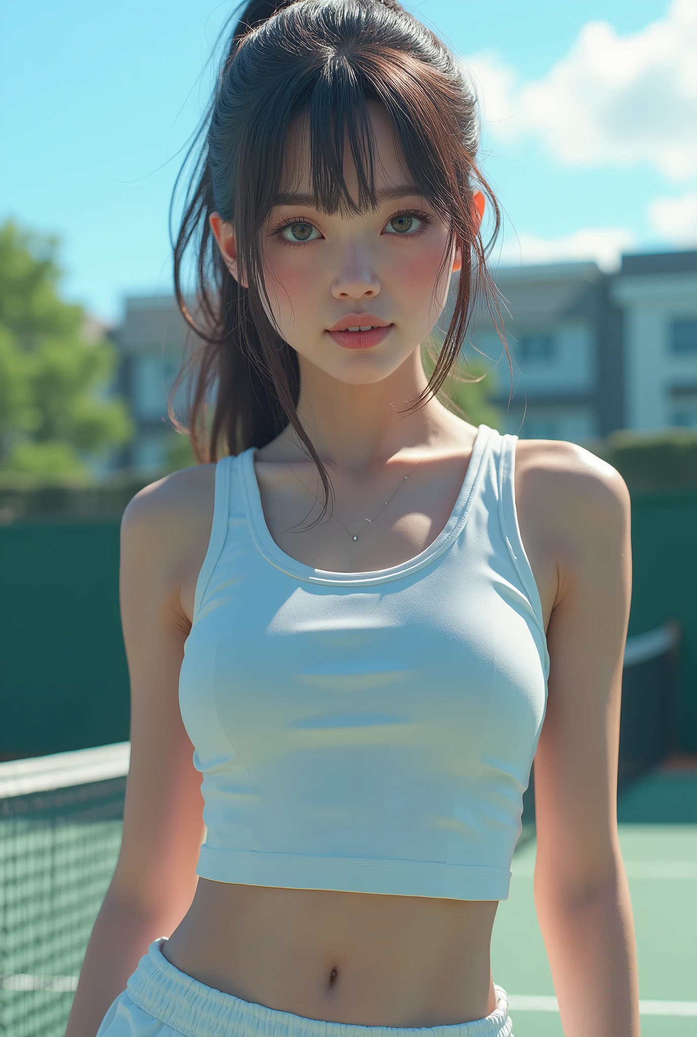 picture of a young lady in a soaked white torn tennis wear, (solo), white sneakers, (kpop idol), happy((crying)), micro((miniskirt)), wet pantie, (erectnipples:1.5), natural((medium breasts)), masterpiece, realistic, hyper-detailed, (glossy skin, sweaty:1.4), pee(incontinence:1.5), ((pubic-hair)). absurdity, looking at viewer, (short(high twin tails)), dark brown hair, (top quality), outdoors(blue sky, tennis court), dynamic(kneeling to sitting on the ground), (open your legs wide), ((spread legs)), from below angle((sexy, low angle, long hair, black eyes)) , (wet(see-through)), (peeing:1.4), delicate and sexy collarbone, charming oval face, double eyelids, big peach blossom eyes, pink lips, ((smiling, glowing eyes, sweat) ), simple background, full screen of chains, chained, ((arms up, behind head)), bondage, low angle , BDSM, Chained, Perfect figure, perfect anatomy, (sfw:1.15)