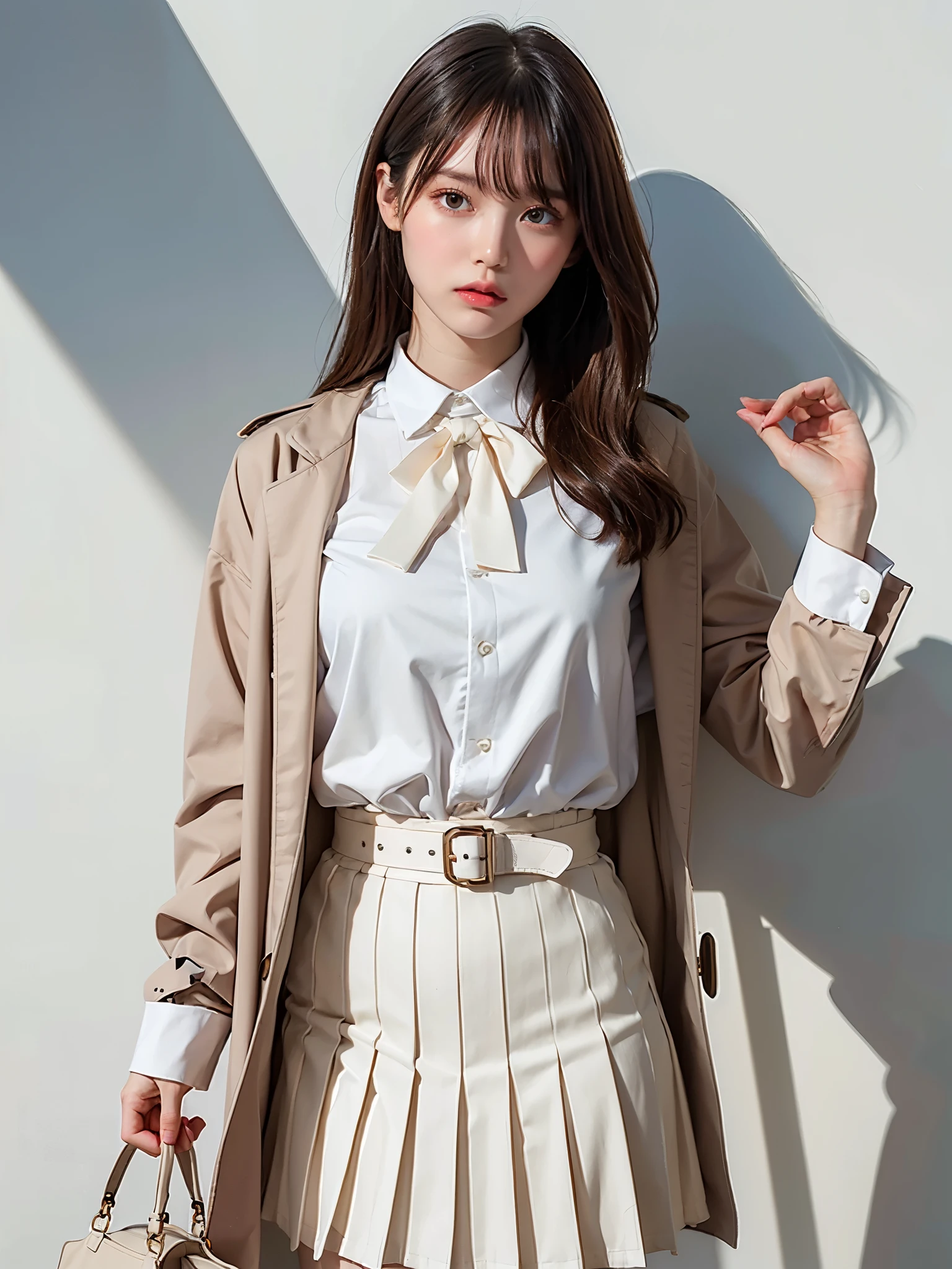 (UHigh resolution, retina, masterpiece, Accurate, Anatomically correct, Textured skin, Super Detail, Attention to detail, high quality, 最high quality, High resolution, 1080P, High resolution, 4K, 8k, 16K), (美しいAttention to detail目, Beautiful lip detail, Highly detailed eyes and face), Soft lighting, Physically Based Rendering, Vibrant colors,(((Classic Elegance Coordination,White bowtie blouse,Navy Pleated Skirt,Beige trench coat,Pearl necklace,Nude color pumps,Handbag with strap))), (Glowing Skin), (Wide-angle), Eye Reflexes,(whole body,glossy) (Gazing at the audience),Active,(One person,One personで),(((White wall background))), (Pure Eros Face_1:0.33), (Urzan-6500:0.33)