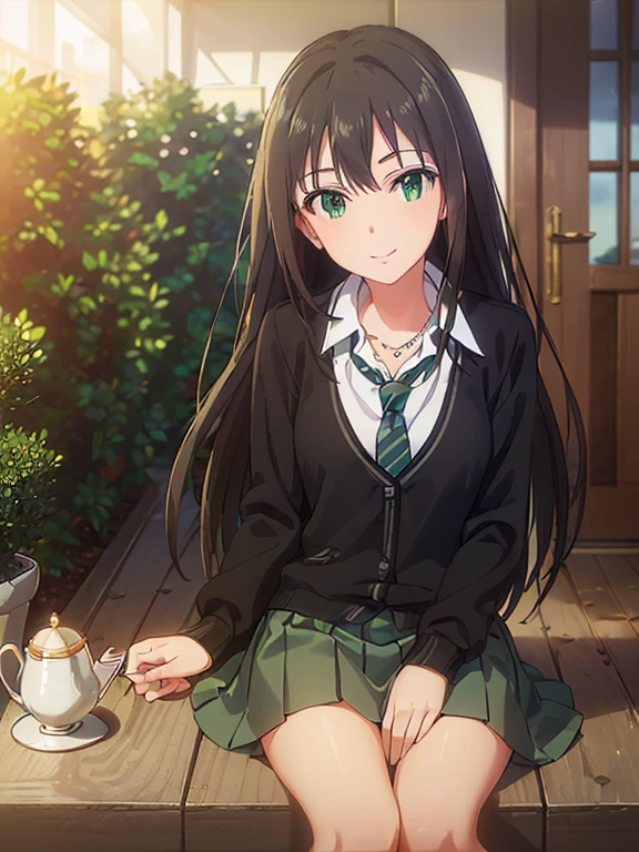 ((masterpiece)), (best quality), extremely detailed Illustration, ultra detailed, highly detailed, detailed background, vivid color, photorealistic, natural side lighting, 1girl, rin shibuya, super cute, Sexy Body, (seductive eyes, green eyes:1.3), Shiny black hair, Silky long hair, School uniform, collared shirt, Cardigan, green striped necktie, necklace, (black pleated skirt), ((smile:1.3)), 
((Open Terrace Cafe:1.3, Cafe Terrace:1.3, sitting on the terrace of the cafe in, relaxing and drinking the tea at terrace:1.3)), sunny day, light leaks, (Lens Ghosting:1.4, lens flare:1.3),