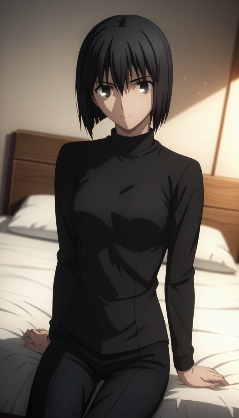 sauce_anime, ambient light,
fsn_ubw_style, 1girl ,tall girl, straight hair ,bob cut hair, black hair, deep black eyes, squinting, hair between eyes, perfect eyes , Perfect face, expressive eyes, close up face:0.2 ,  
(undress black shirt),,suit black pants, (slender body), slim body,
indoors, bed, realistic bed room, sitting, ,
cowboy shot, looking at viewer, solo, dutch angle, light smile, medium breast, 