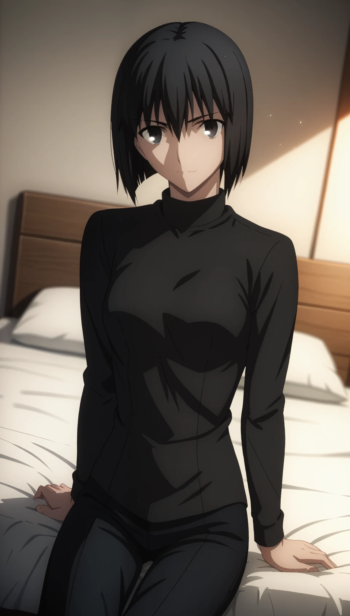 sauce_anime, ambient light,
fsn_ubw_style, 1girl ,tall girl, straight hair ,bob cut hair, black hair, deep black eyes, squinting, hair between eyes, perfect eyes , Perfect face, expressive eyes, close up face:0.2 ,  
(undress black shirt),,suit black pants, (slender body), slim body,
indoors, bed, realistic bed room, sitting, ,
cowboy shot, looking at viewer, solo, dutch angle, light smile, medium breast, 