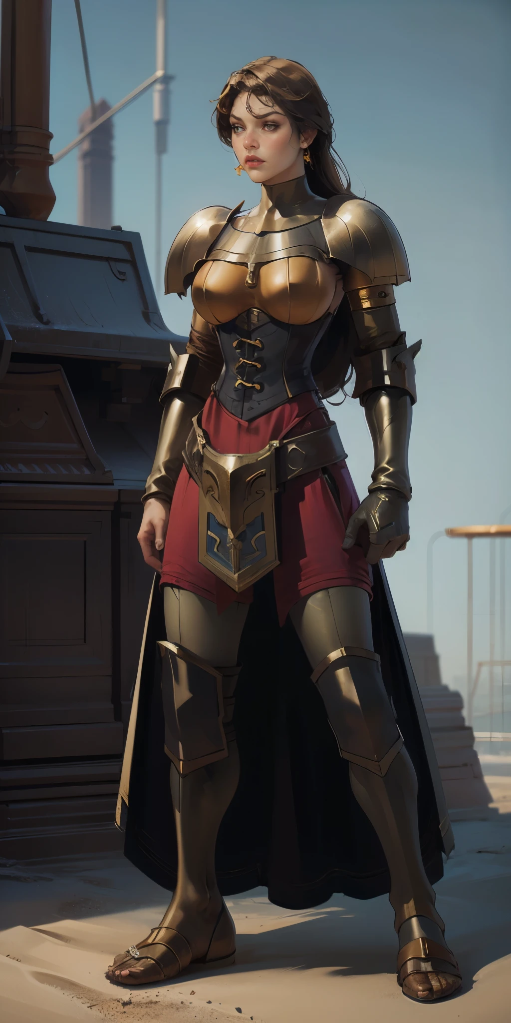 full body, whole body, 1sologirl, female fighter, loincloth standing, hands on hips, metal sandals, leather choker and corset, big belt, view from below, feet together, bracers, tiara)