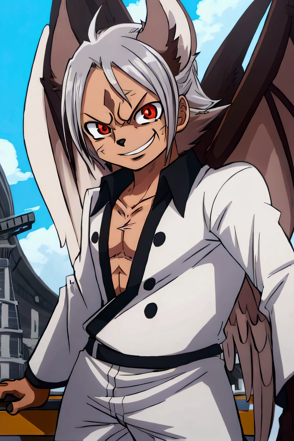 Male mink bat, alone, silvery brown short fur, white navy uniform based on one piece anime, aggressive pose, standing, both arms outstretched with open wings, scars on face, fierce facial expression, combat stance, on terrace of a ship, with a blue sky background, face with minimalist details, all the hair detailed in 8k., red eyes, bat ears, evil, evil smile, anime style, depth of field, best quality, 8k